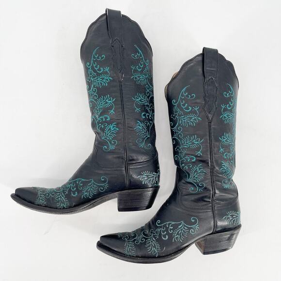 Lucchese Classics Black Metallic Teal Stitching Western Cowgirl Boot size 6.5 - Picture 4 of 11